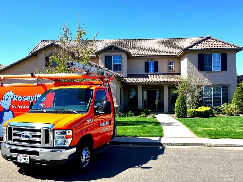A Gutter Cleaning Roseville service truck parked in front of a well-maintained home in Roseville, with a clear sky in the background, symbolizing reliability.