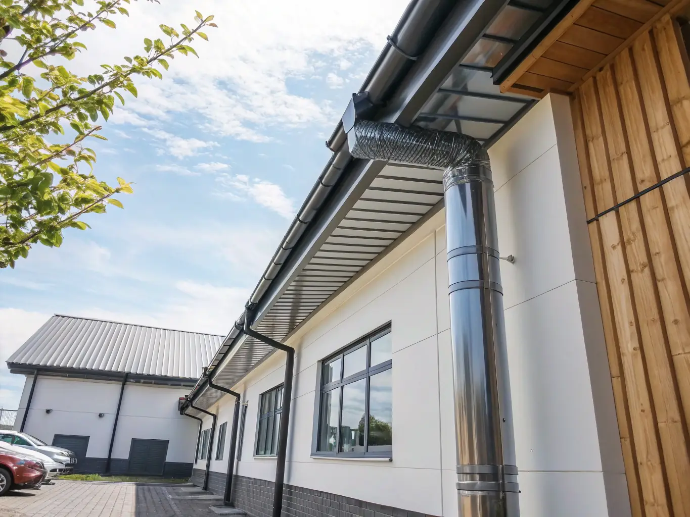 A close-up of a clean downspout, highlighting the efficient water drainage after a professional cleaning service.