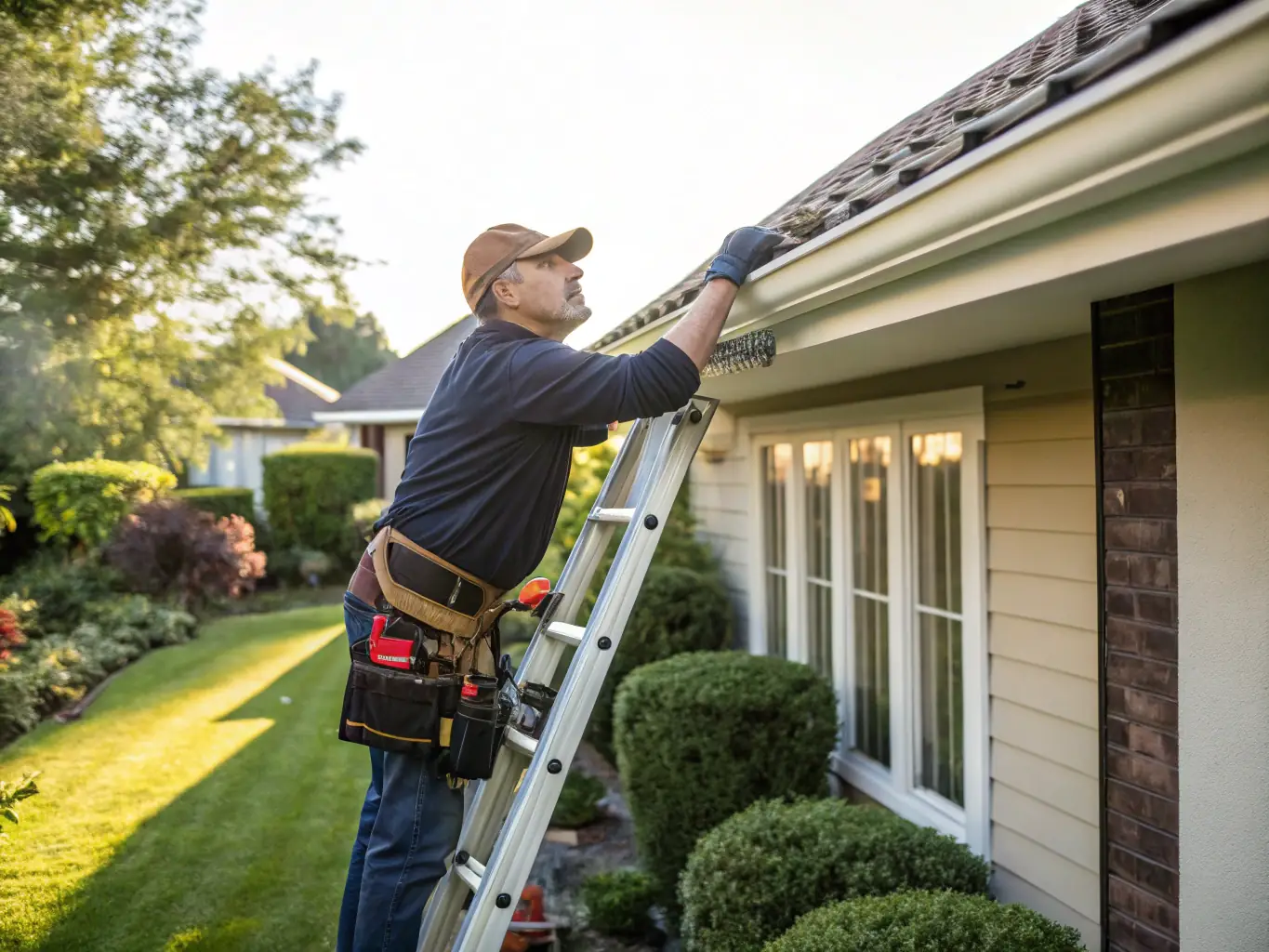 A technician inspecting a downspout for clogs and performing a cleaning service to ensure proper water drainage away from a home's foundation.