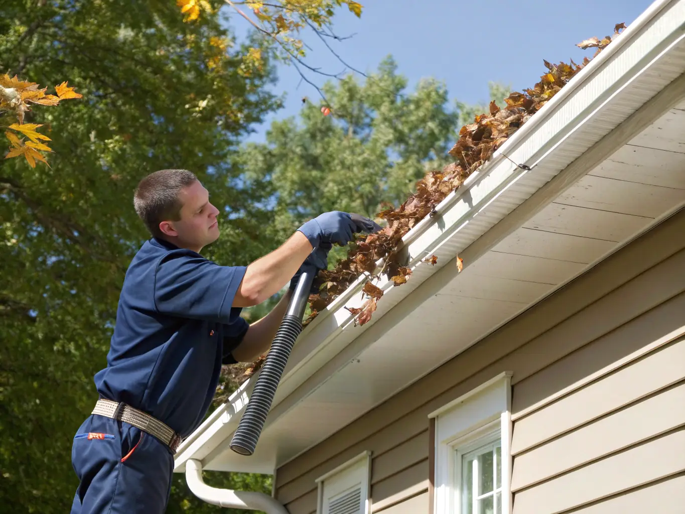 A professional gutter cleaner removing leaves and debris from a residential gutter system in Roseville, CA, showcasing the meticulous cleaning process.
