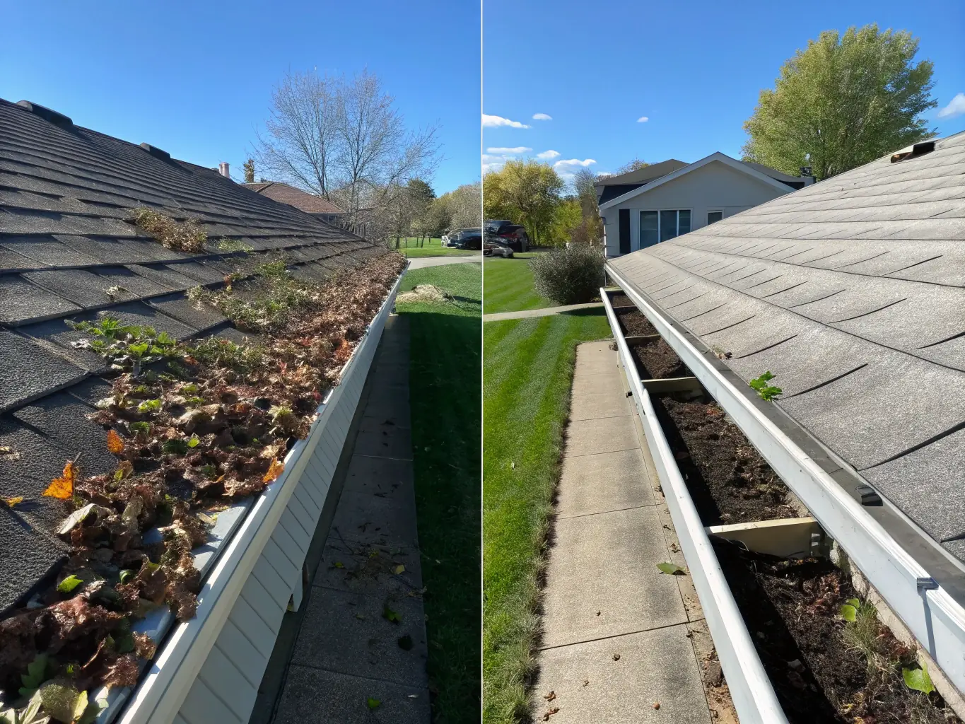 A before-and-after shot of a gutter system, showing the transformation after a professional gutter brightening and moss removal service.
