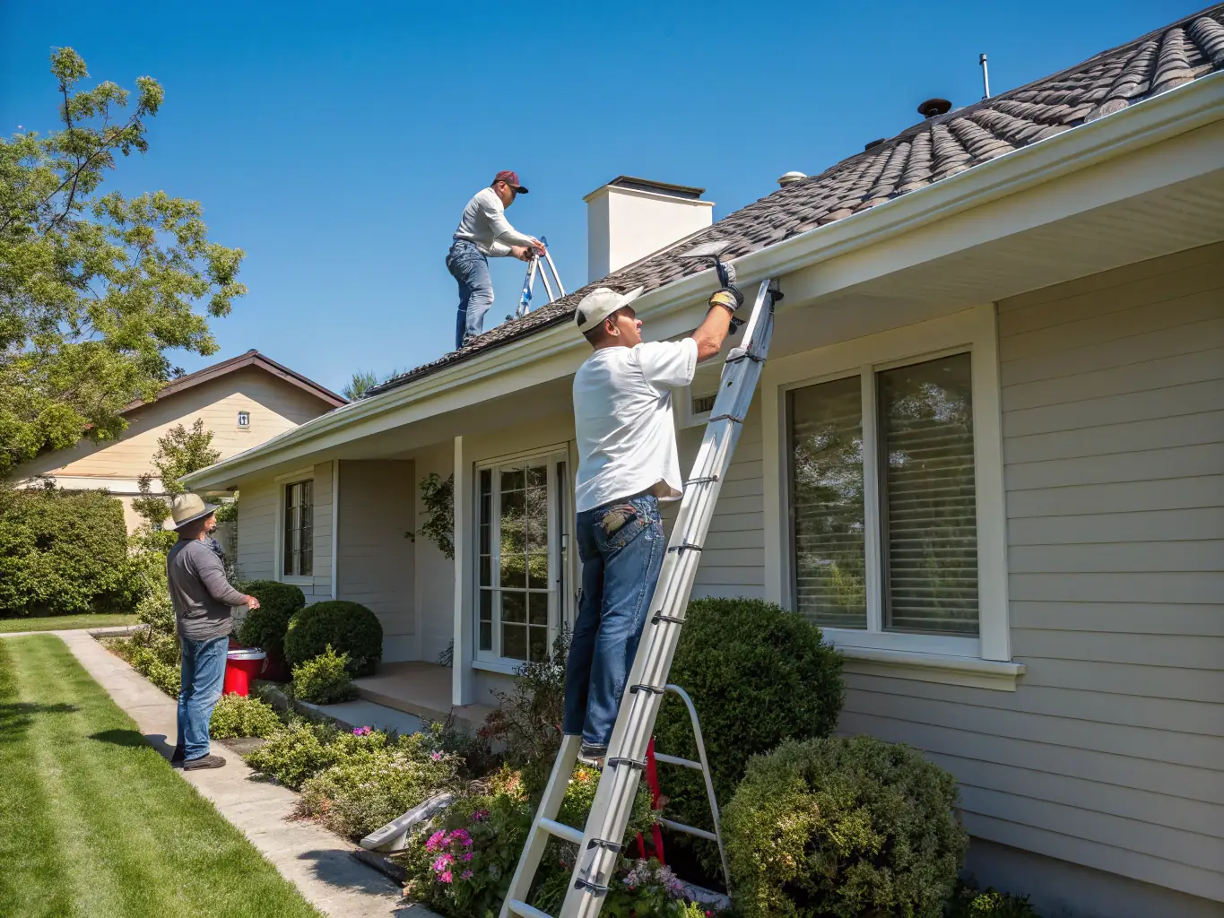 A team installing new seamless gutters on a residential home, demonstrating the quality of gutter installation services.